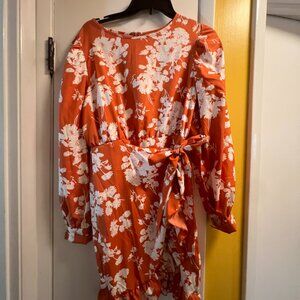 Orange & White Floral Long Sleeve Wrap Tie Mini Dress – Size M